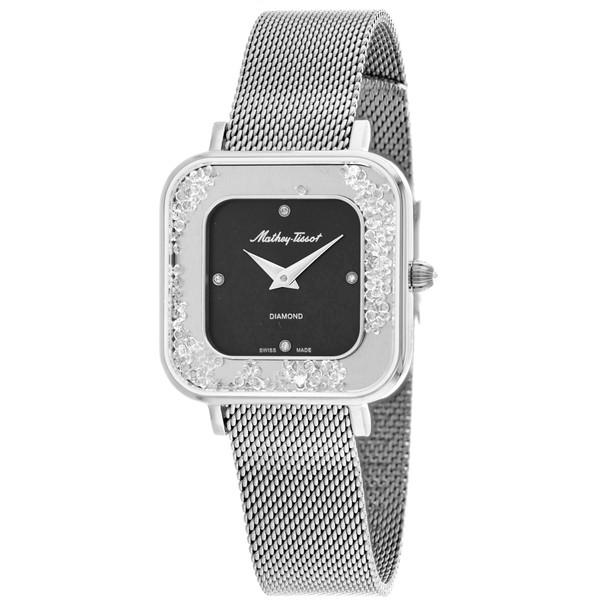 D984SAN 28 mm Gemina Quartz Black Dial Square Ladies Watch, Silver