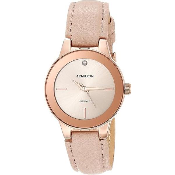 75-5410RSRGBH 30 mm Rose Gold-Tone Diamond Accented Beige Leather Ladies Round Watch, Beige