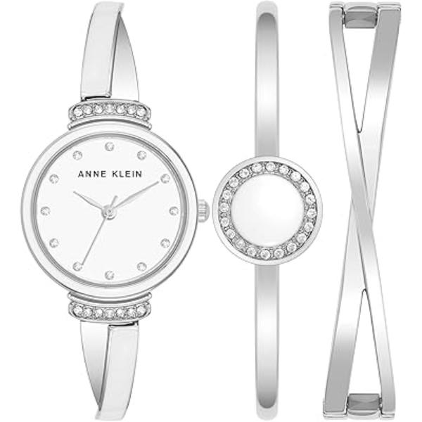 AK-3293WTST Premium Crystal Accented Bangle Watch & Bracelet Set for Women