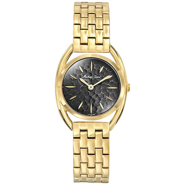 D933PYN 28 mm Saphira Quartz Black Dial Round Ladies Watch, Gold