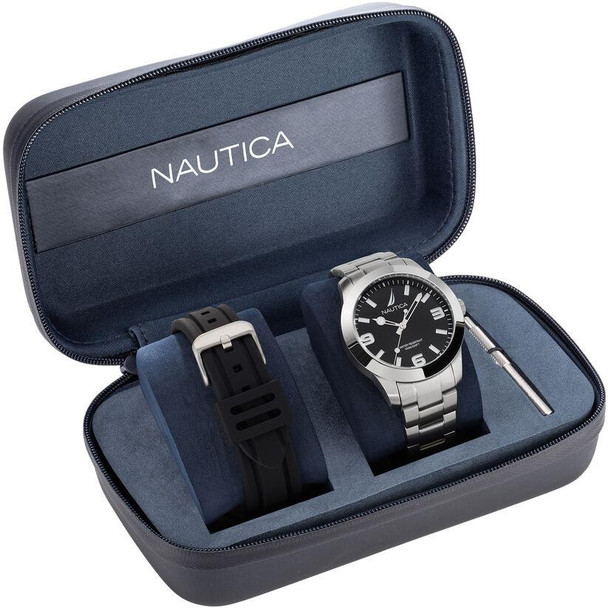 NAPPBF205 43 mm Pacific Beach Black Stainless Steel Mens Watch, Silver