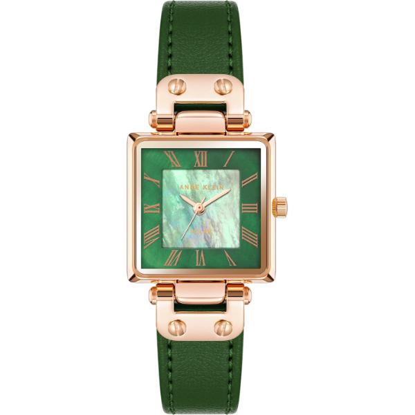 AK-3896RGGN Rose Gold-Tone Square Green Mother-of-Pearl Apple Leather Ladies Watch