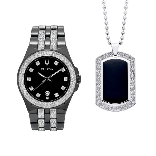 98K101 42 mm Crystal Black Dial Round Mens Watch, Black