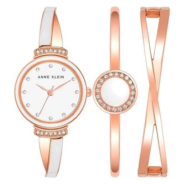 AK-3292WTST Rose Gold-Tone White X-Shaped Bangle Crystal Accent Set Ladies Watch
