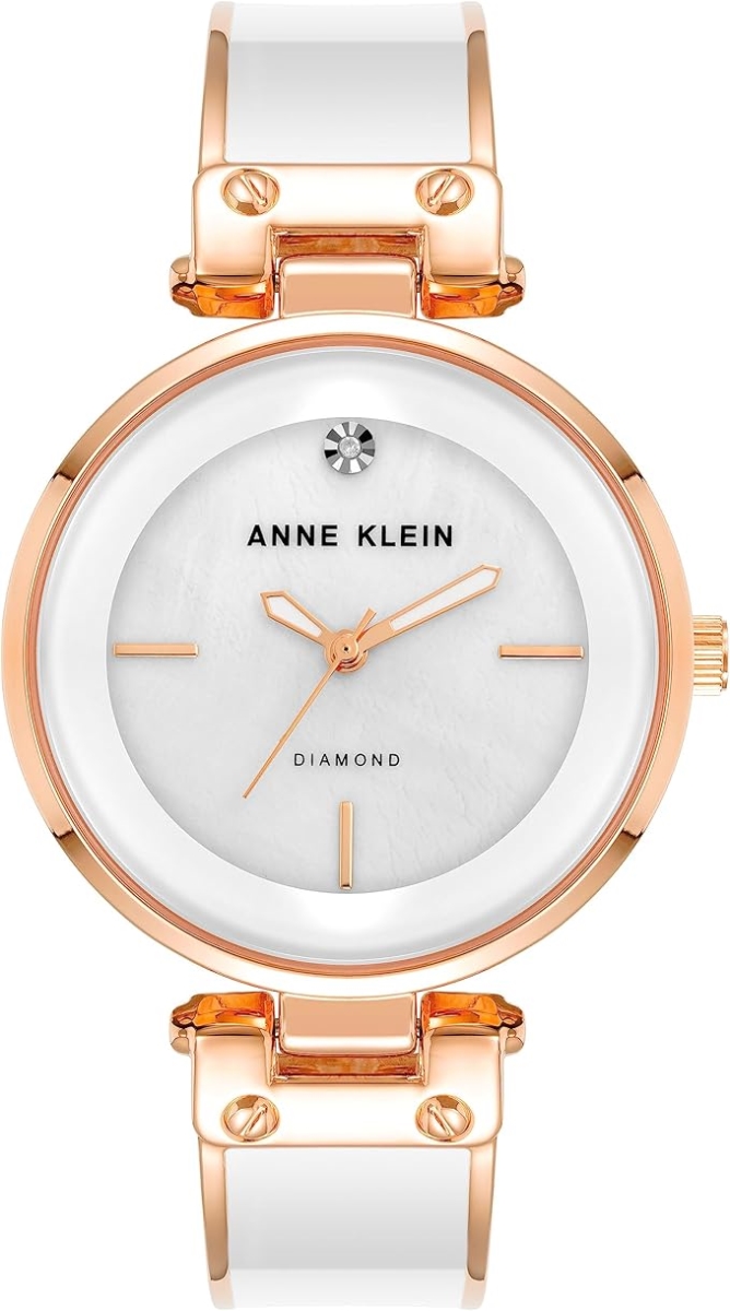 AK-1414WHRG Rose Gold-Tone White Mother-of-Pearl Bangle Diamond Accent Ladies Watch