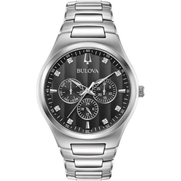 96D143 42 mm Classic Stainless Steel Multi-Function Diamond Accent Round Mens Watch, Silver