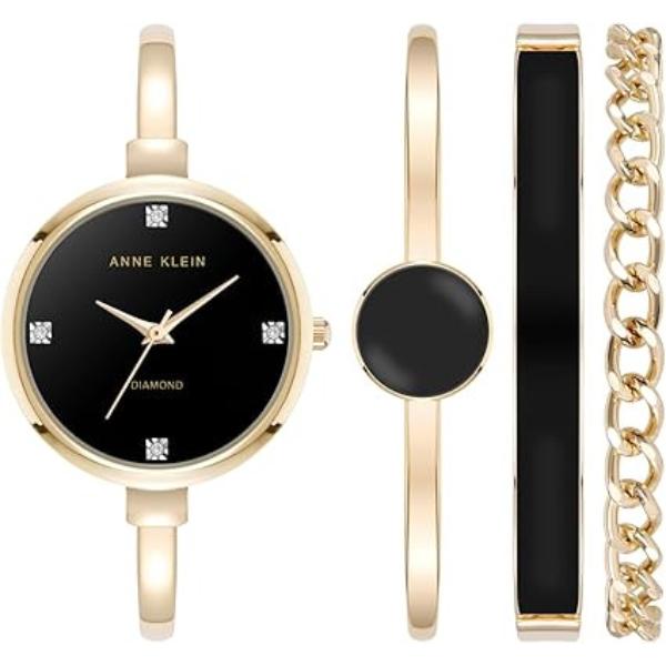 AK-5142BKST 32 mm Bangle & Bracelet Set Round Ladies Watch, Gold