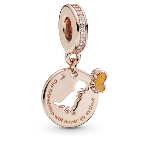 788180CZ Dinosaur & Butterfly Friendship Dangle Charm with Warm Yellow Enamel for Ladies, Rose Gold