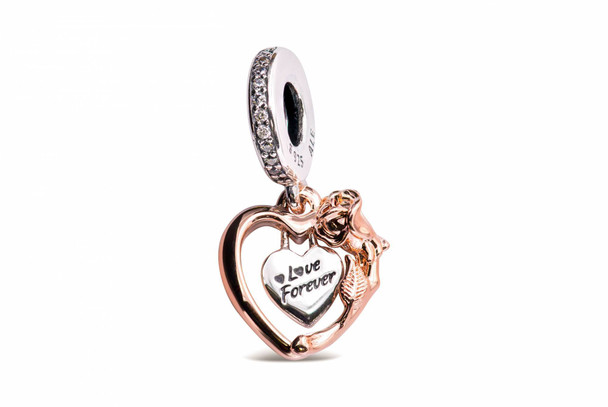 789290C01 People Heart & Rose Flower Dangle Charm for Ladies, Silver