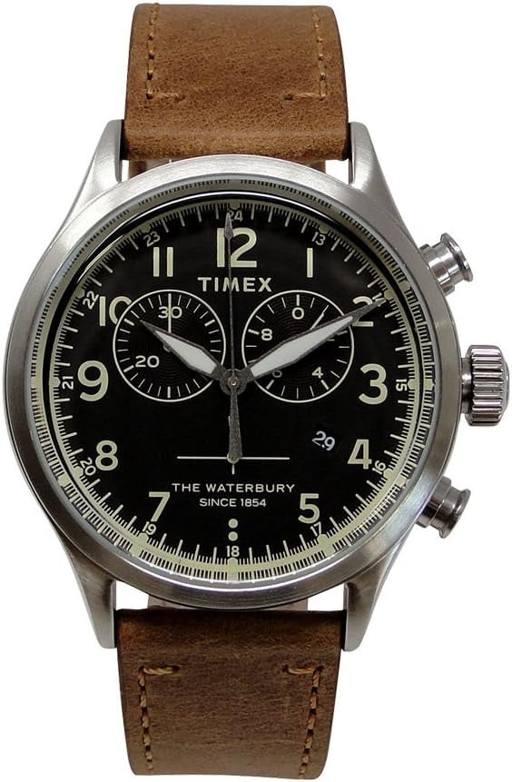TW2R70900 Silver Waterbury Leather Chronograph Mens Watch, Black Dial & Tan Leather