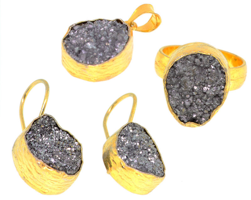 Picture of 925 Sterling Silver 14k Gold Plated Light Grey Druzy Set Of Ring Pendant And Earrings - DRZ38
