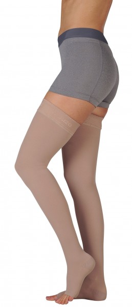 3511MXAGSBSH10 V Dynamic Max 20-30 mmHg Open Toe Thigh High Firm Compression Stockings with Silicone Border in Short - Black, V - Extra Large -  Juzo