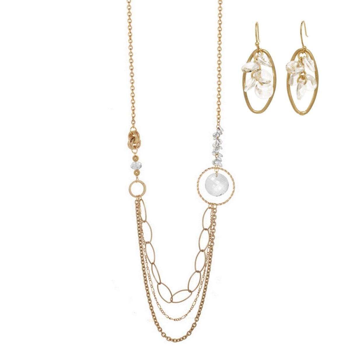 Picture of J&H Designs JHE9086 J&H Designs Swag Crystal & Goldtone Multi-Chain Necklace and Earrings Jewelry Set - gold crystal