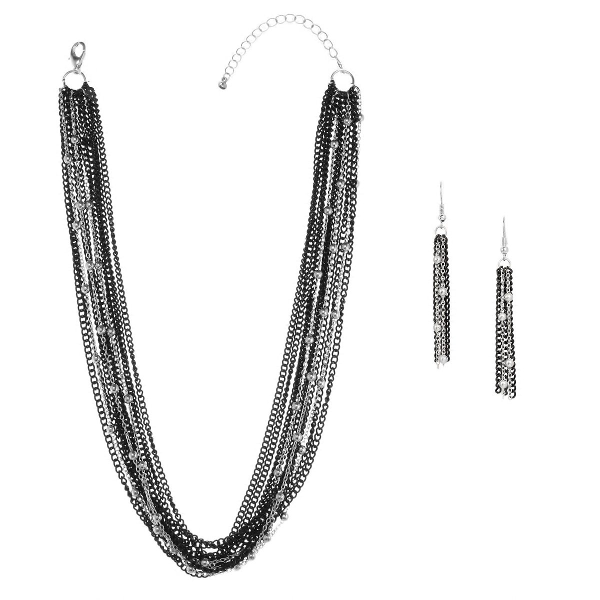Picture of Alexa Starr 7168-SET-SS Swag Short Multi-Strand Chain & Tassel Drop Earrings Jewelry Set&#44; Silvertone