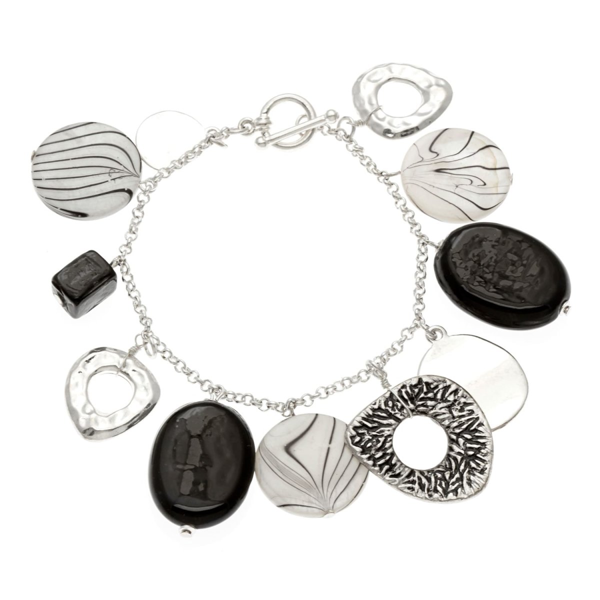 Picture of Alexa Starr  J6332/B Silvertone Black and White Glass and Shell Toggle Bracelet