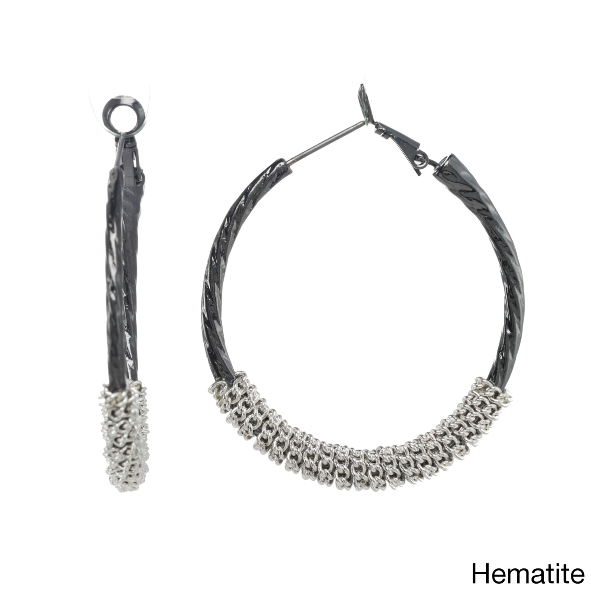 Picture of J&H Designs 9517-EP-Hematite Twisted Hoop Wrapped with Chain Earrings