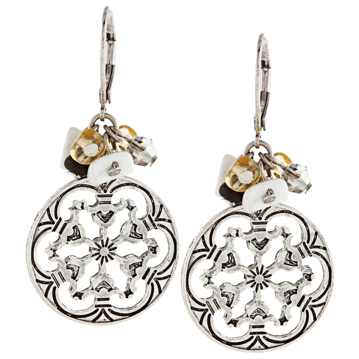 Picture of J&H Designs J8169/E Silvertone Crystal and Howlite Filigree Disc Earrings