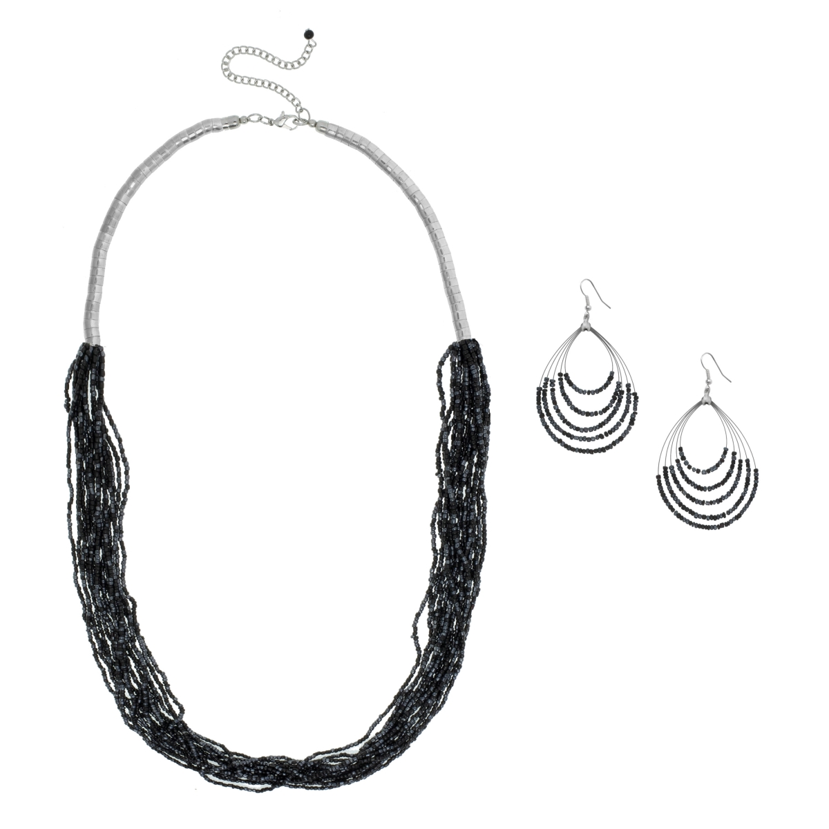 Picture of J&H Designs 4975 Set Antiqued Rhodium-plated Mutli-strand Seed Bead Necklace and Earrings Set - grey