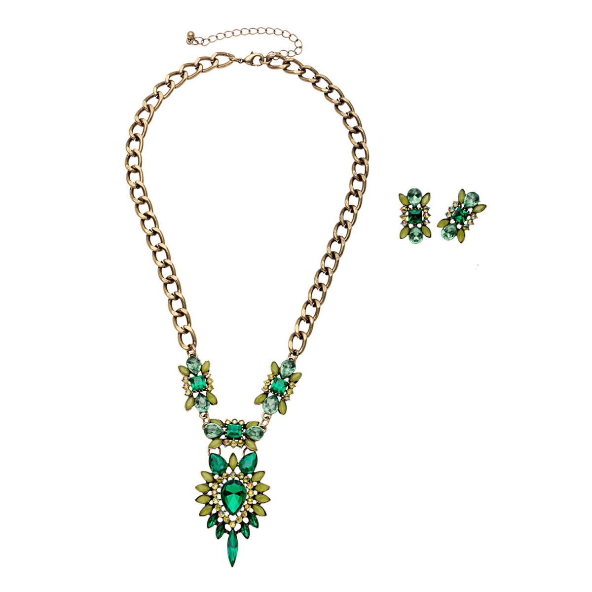 Picture of J&H Designs 7586-NE-Green Navette Flower Front Pendant Necklace and Earrings Jewelry Set