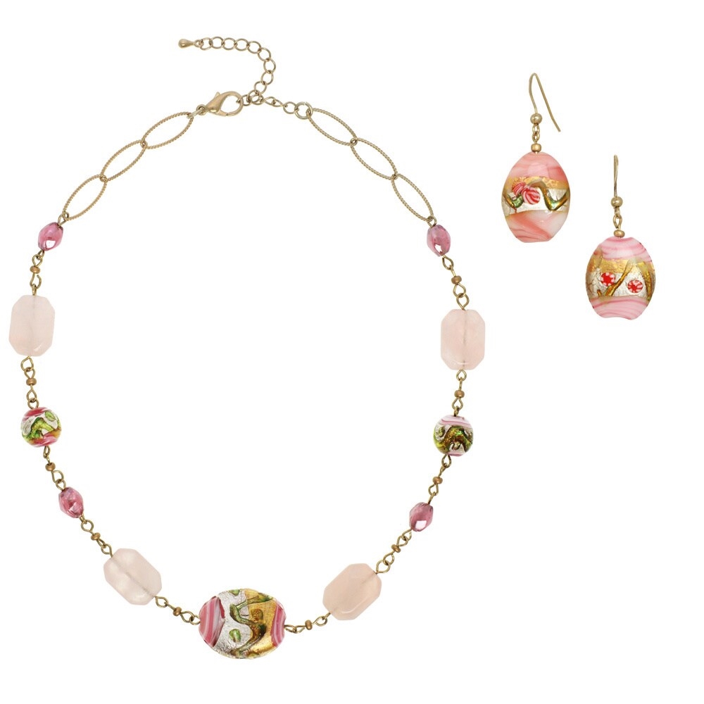 Picture of J&H Designs J4169-NE-Short Goldtone Venetian Bead Rose Quartz 2-piece Jewelry Set