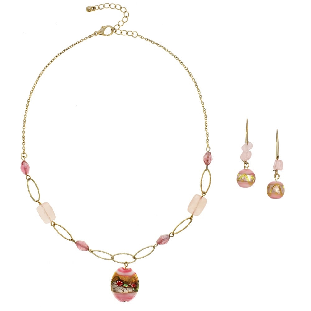 Picture of J&H Designs J4170-NE-PND Goldtone Venetian Bead Rose Quartz 2-piece Jewelry Set