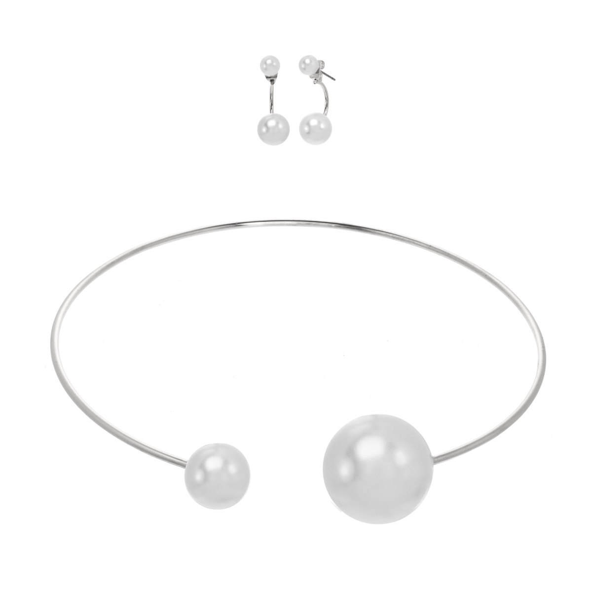 Picture of J&H Designs 9134 SET Silver Pearl Front-back Stud Drop Earrings and Necklace Jewelry Set