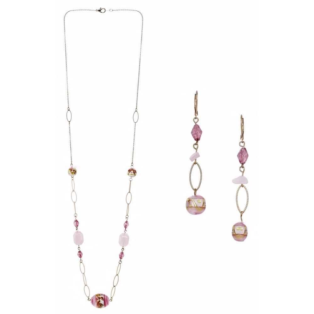Picture of J&H Designs J4072-NE-Long Goldtone Venetian Bead Rose Quartz 2-piece Jewelry Set
