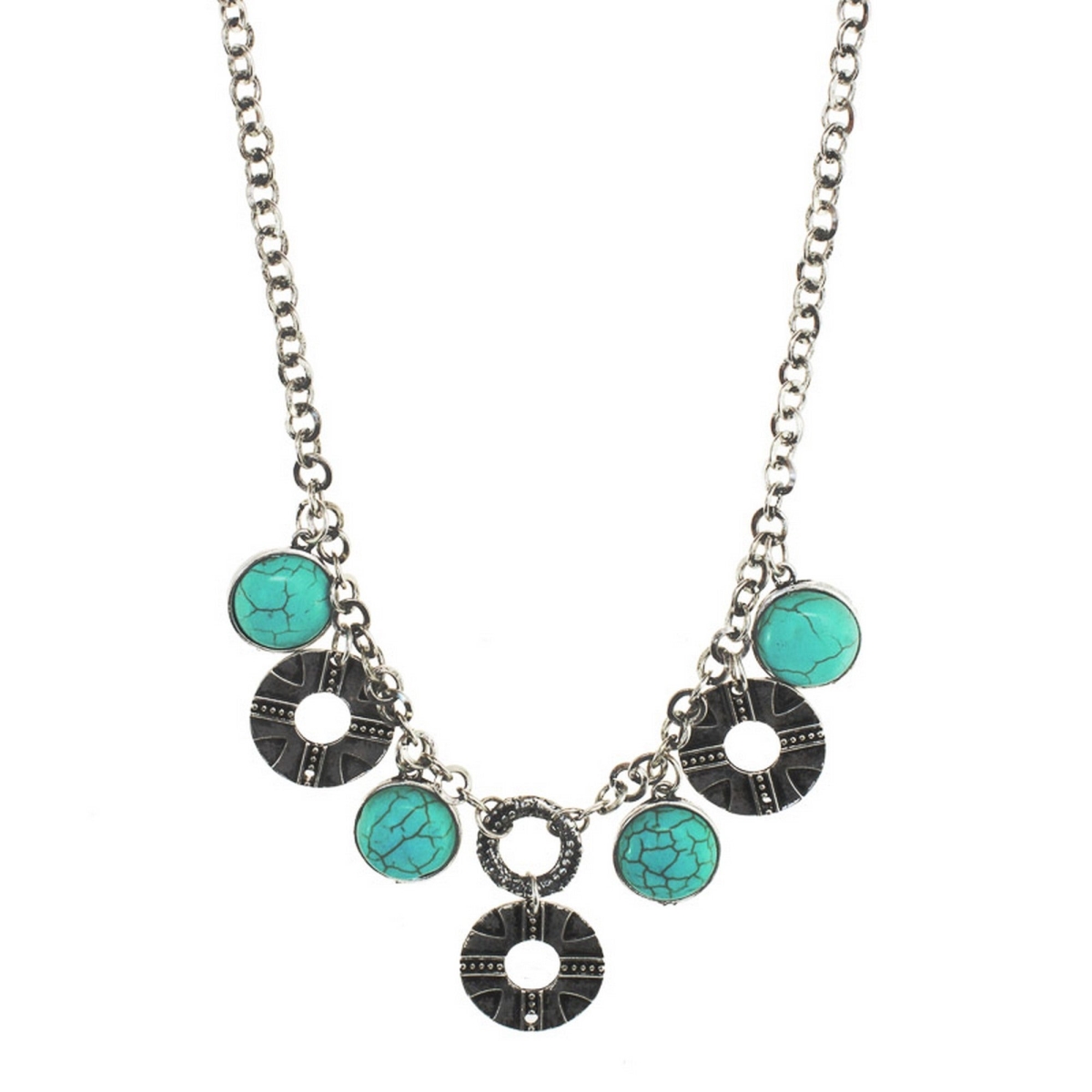Turquoise and Silvertone Round Charm Necklace