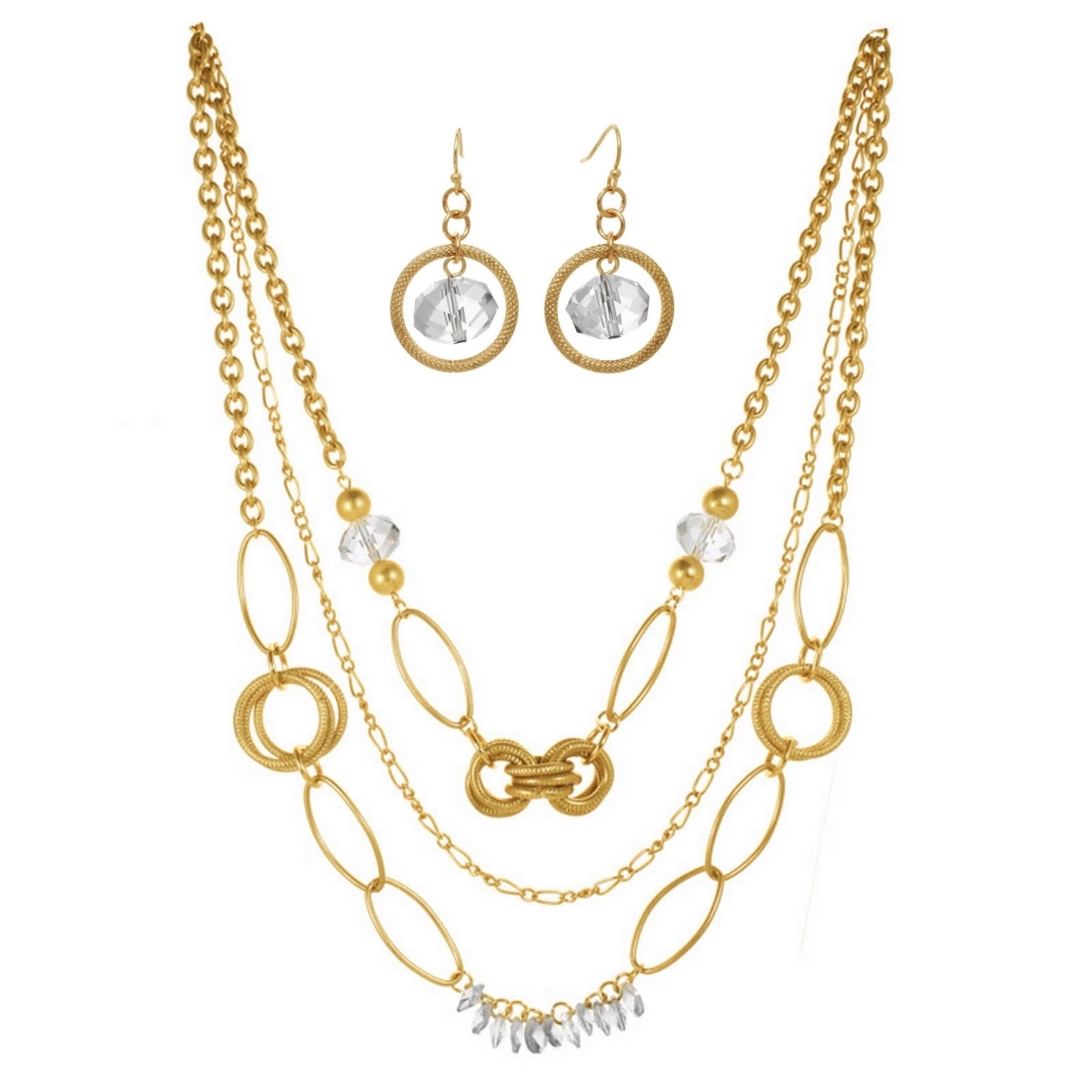 Picture of J&H Designs JHN9085 J&H Designs Crystal and Goldtone Hoop Three-strand Necklace and Earrings Jewelry Set