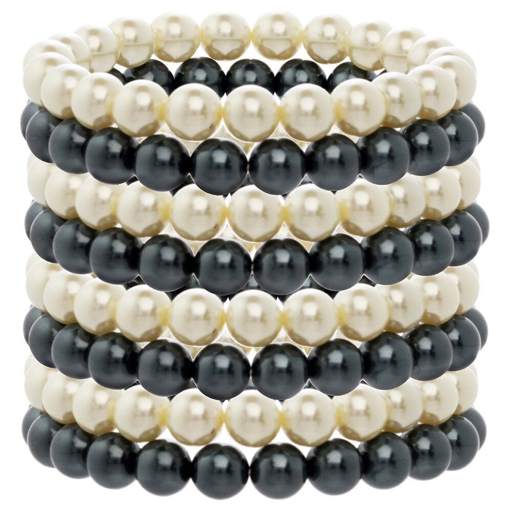 Picture of J&H Designs 807-BR-Ivory_Grey Ivory and Black Glass Pearl Stretch Bracelet Set
