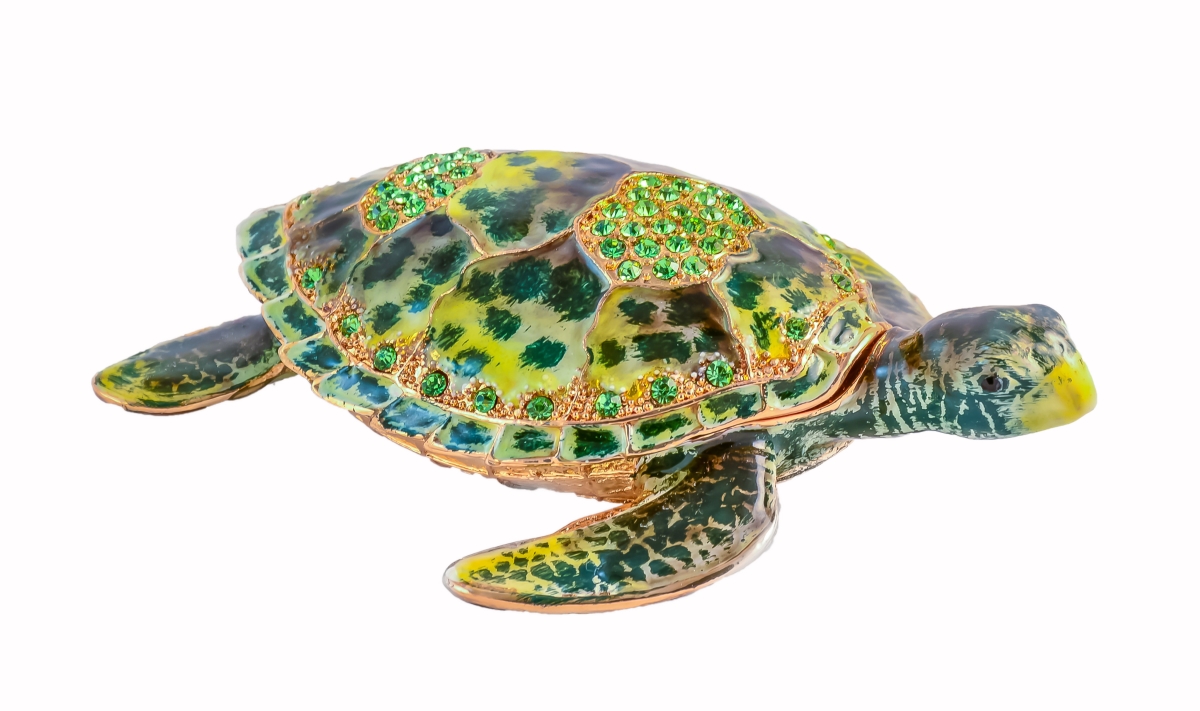 1013176 Sea Turtle Gold Plating Trinket Box - Green Swarovski Crystals & Enamel