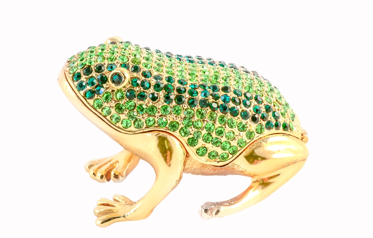 1013182A Jeweled Frog Gold Plating Trinket Box - Light & Drak Green Swarovski Crystals & Enamel