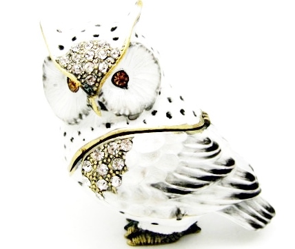 1013236 Snow White Owl Gold Plating Trinket Box - White Enamel with Black Dots & Swarovski Crystals