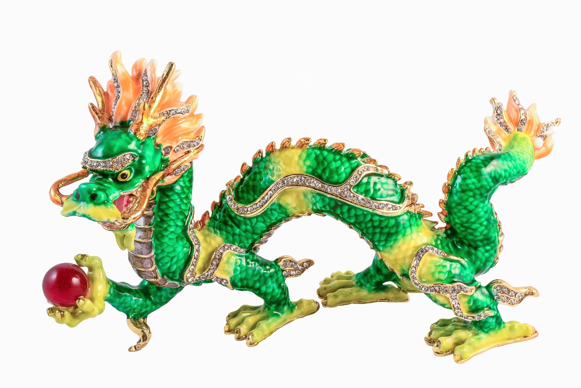 1013634B Big Dragon Gold Plating Trinket Box - Green Enamel & Swarovski Crystals