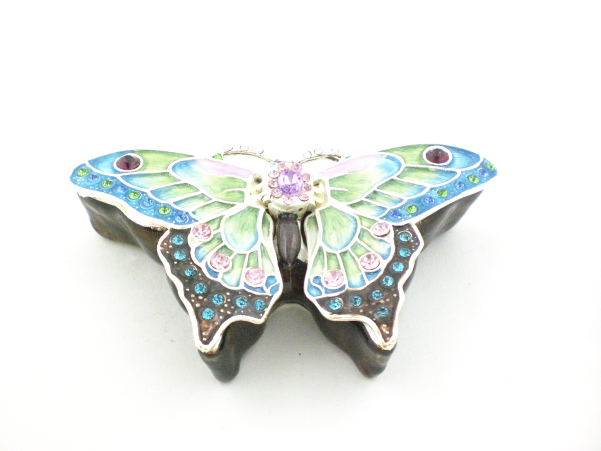1013638A Butterfly Silver Plating Trinket Box - Blue Enamel & Colorful Swarovski Crystals
