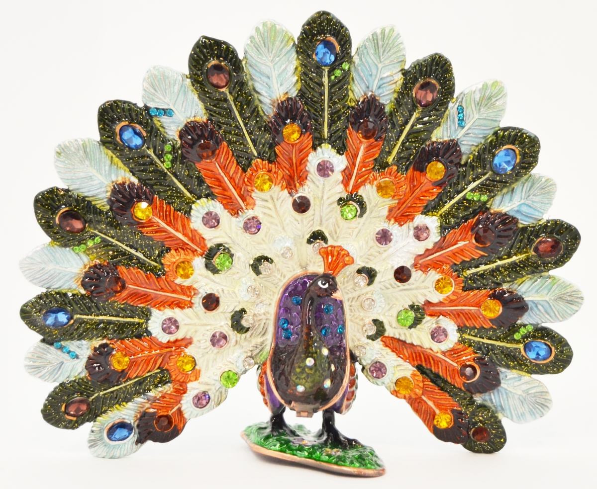 Picture of Ciel Collectables 1013672D Fan Sahpe Tail Peacock Gold Plating Trinket Box - Swarovski Crystals & Colorful Enamel