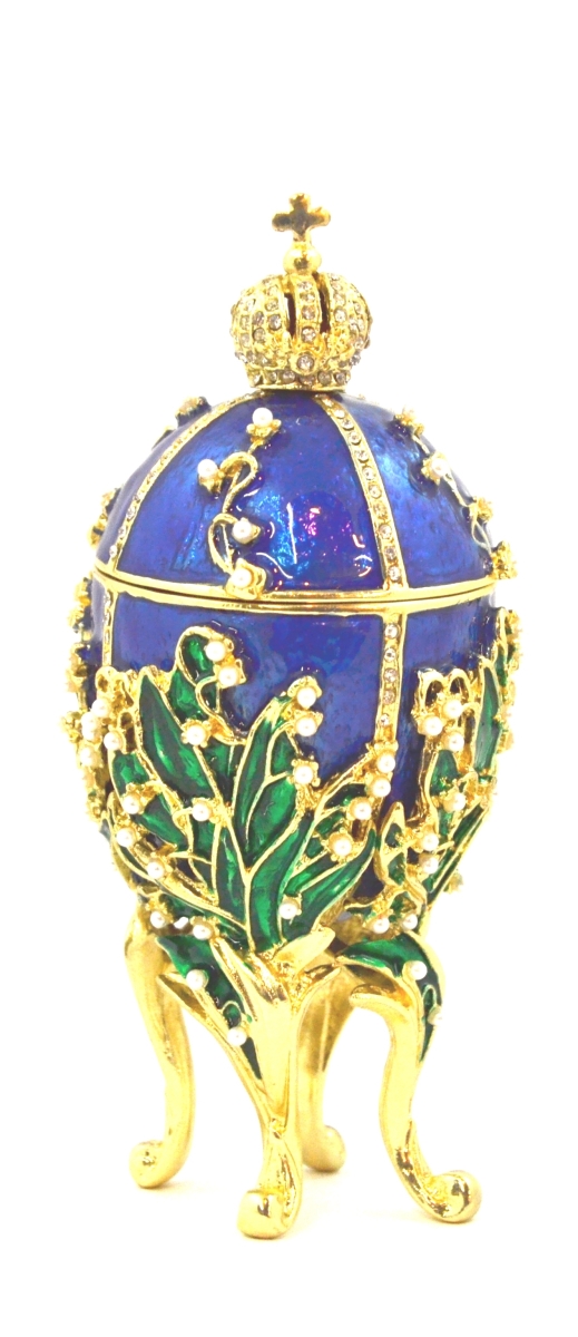 1014531D Lily of Valley Egg Gold Plating Trinket Box - Blue Enamel with Swarovski Crystals & Faux Pearls