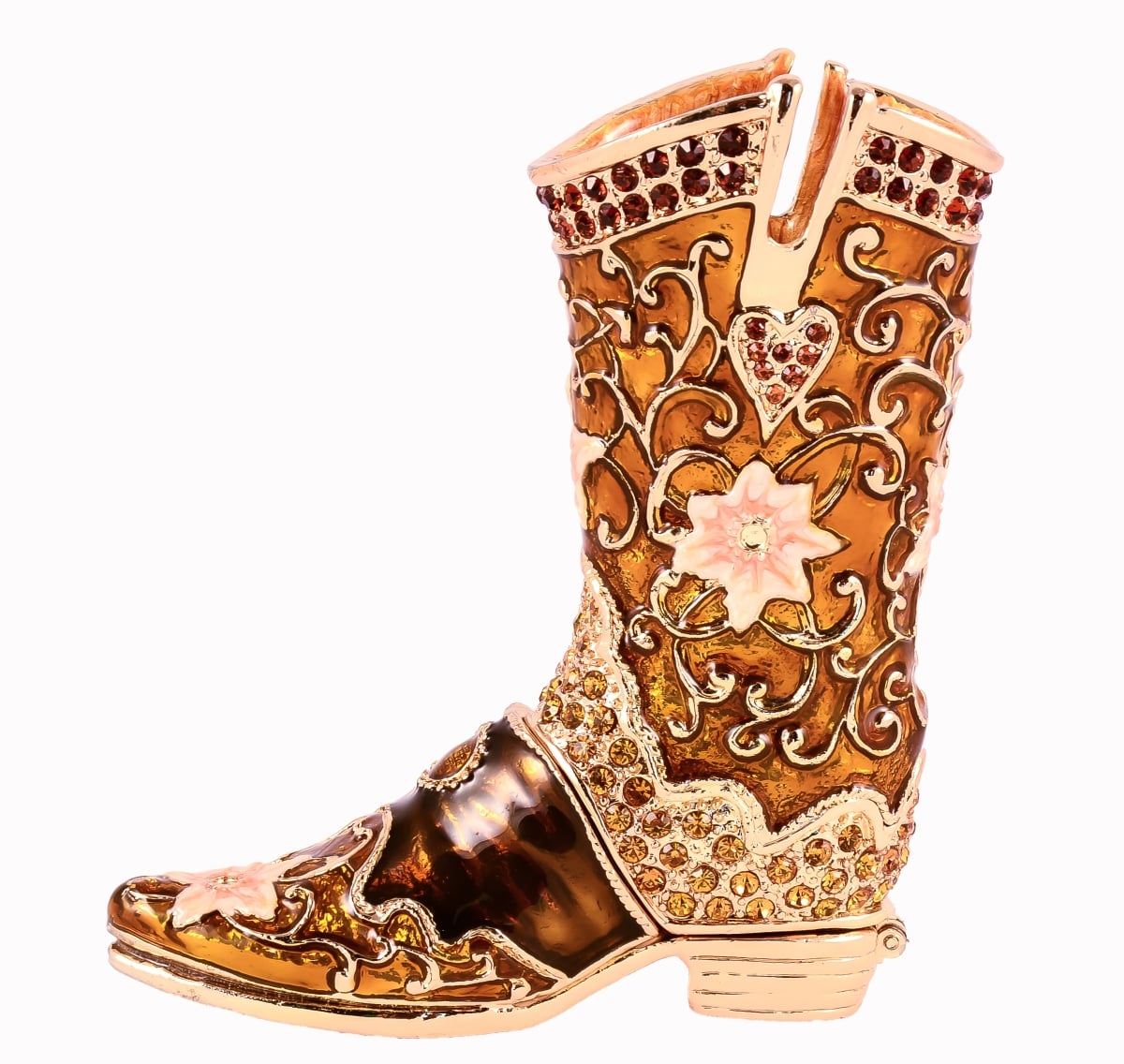 1040060B Brown Boot Gold Plating Trinket Box - Swarovski Crystals & Enamel