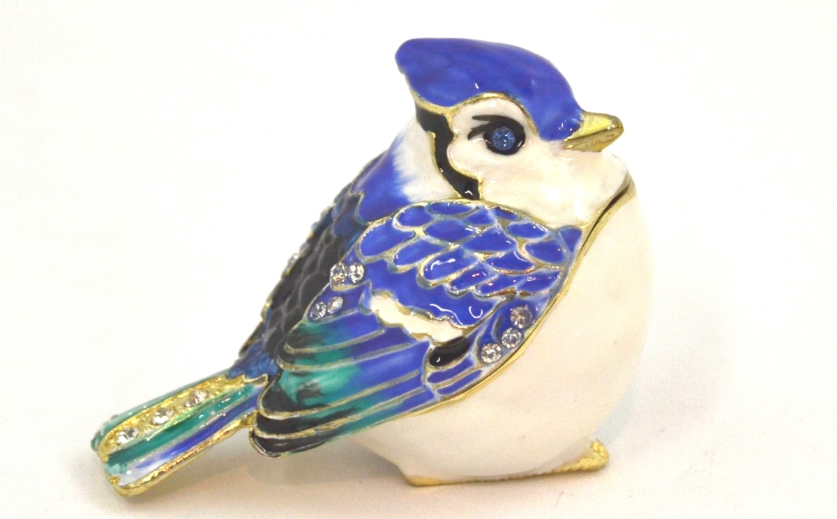 1131460 Blue Jay Bird Gold Plating Trinket Box - Swarovski Crystals & Enamel