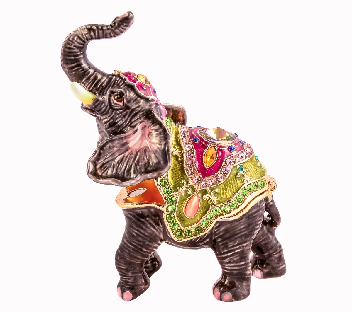 1142100A Bejeweled Elephant Gold Plating Trinket Box - Swarovski Crystals & Enamel