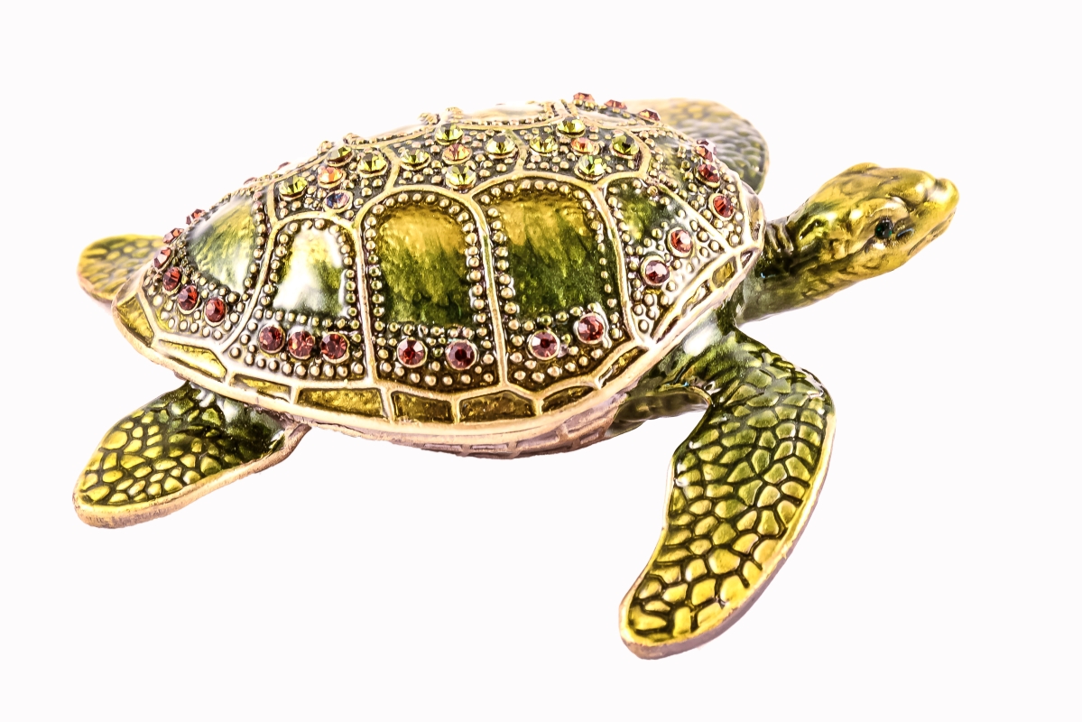 2084180A Sea Turtle Gold Plating Trinket Box - Swarovski Crystals & Green Enamel