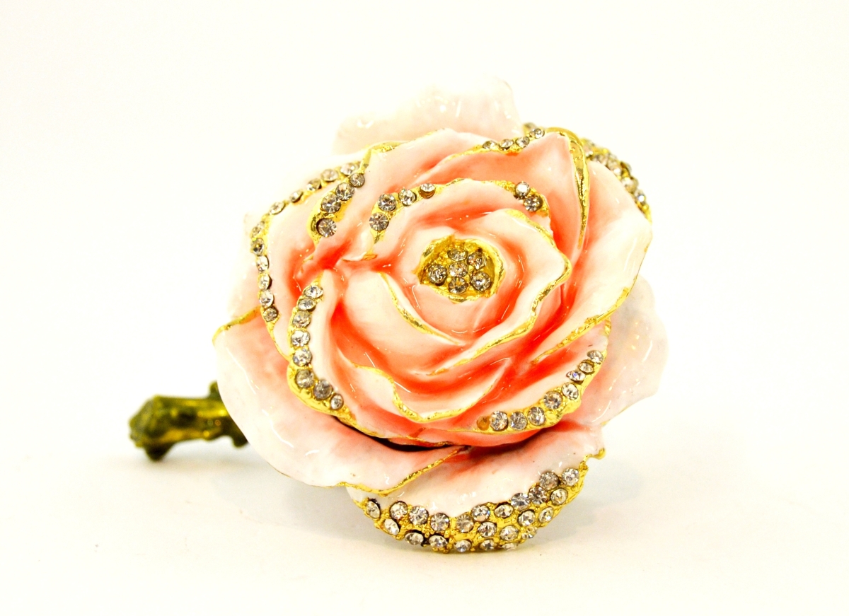 2084232A Pink Rose Flower Gold Plating Trinket Box - Swarovski Crystals & Enamel