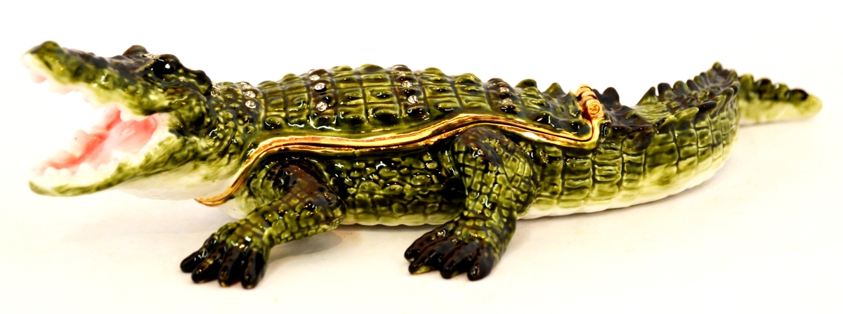 1013056 Alligator Gold Plating Trinket Box - Green Enamel & Swarovski Crystals