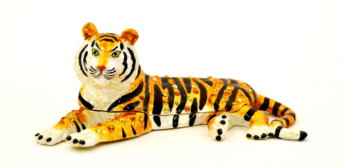1131499 Laying Down Tiger Gold Plating Trinket Box - Swarovski Crystals & Enamel