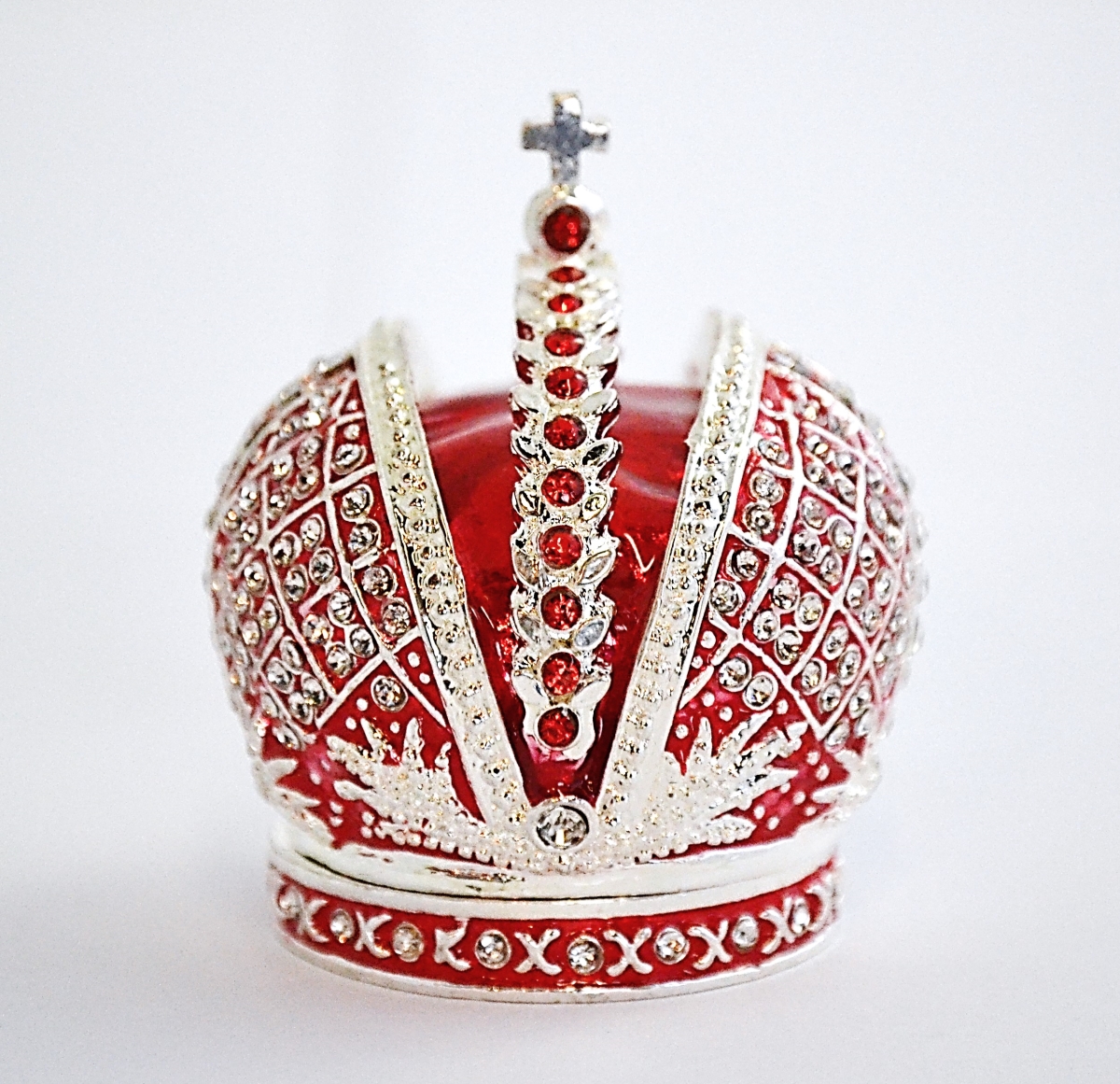 1013754A Bejeweled Crown Gold Plating Trinket Box - Red Enamel & Clear Swarovski Crystals