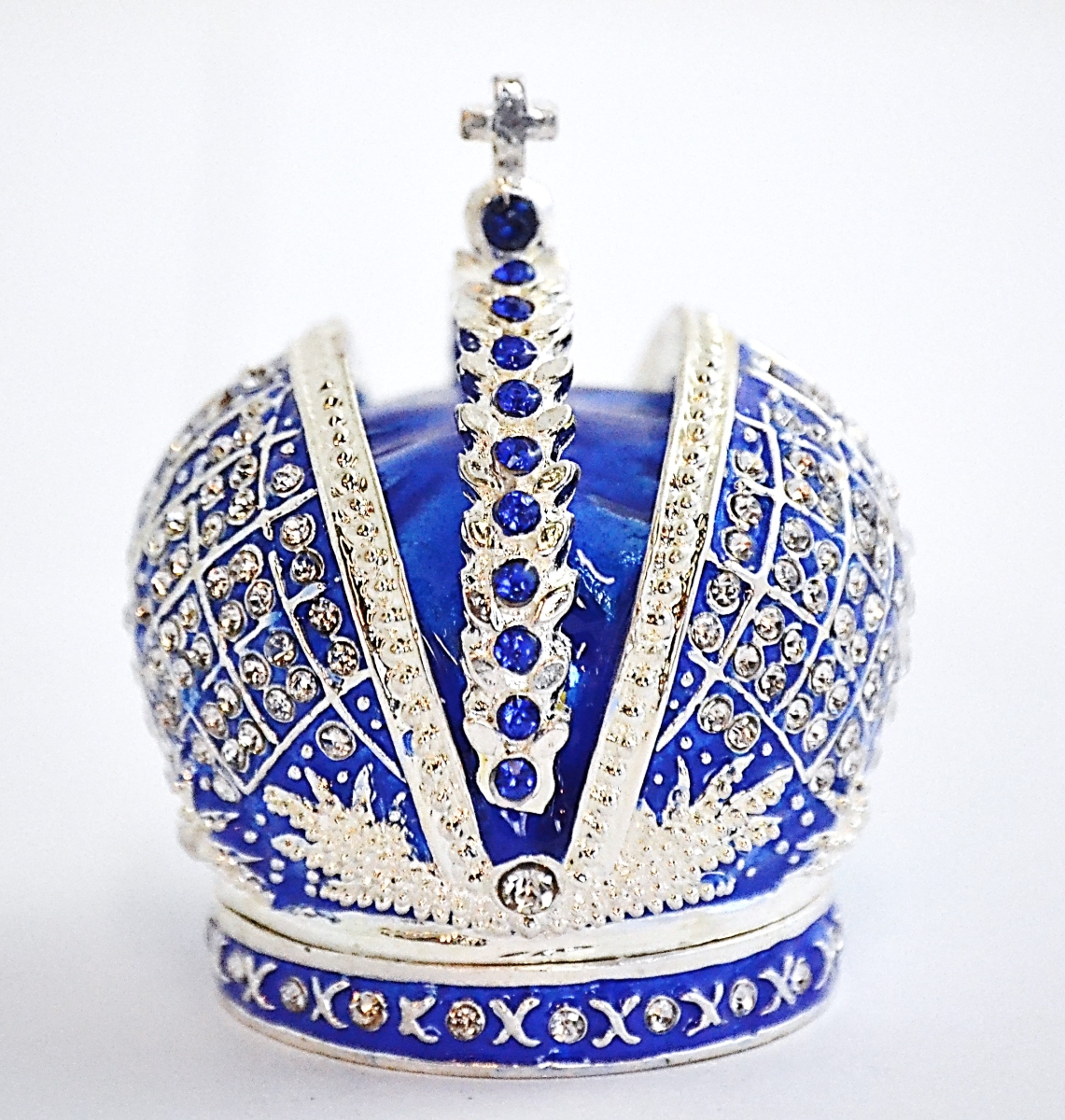 1013754B Bejeweled Crown Gold Plating Trinket Box - Blue Enamel & Clear Swarovski Crystals