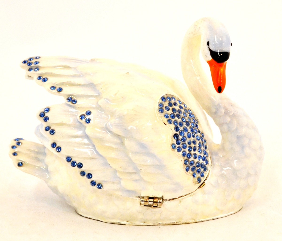 1013281A Blue Swan Gold Plating Trinket Box - White & Blue Enamel with Blue Swarovski Crystals