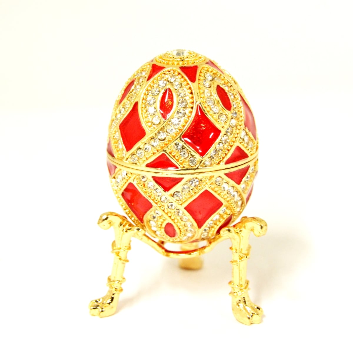 1013695A Faberge Style Egg Gold Plating Trinket Box - Red Enamel & Clear Swarovski Crystals