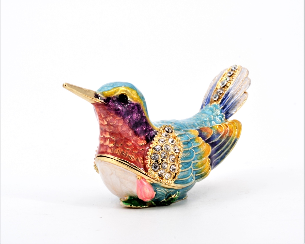 Colorful Hummingbird Trinket Box - Gold - Hand-Painted with Crystals