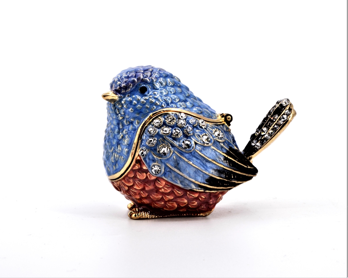 1013082A Blue & Pink Sparrow Bird Trinket Box with Swarovski Crystals & Enamel